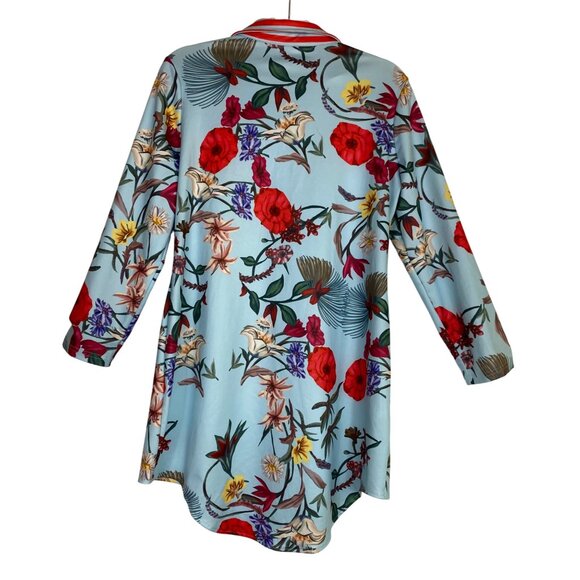 XL Floral Button-Up Long Shirt Dress Striped Collar Blue‎ Red Luxury Casual Sexy - Picture 2 of 4